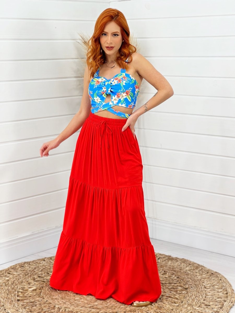 Elástico Saia Viscose Longa Quintess Saia Floral Paisley Em Malha