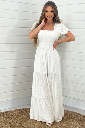 Vestido Longo Decote Quadrado e Detalhes em Dourado