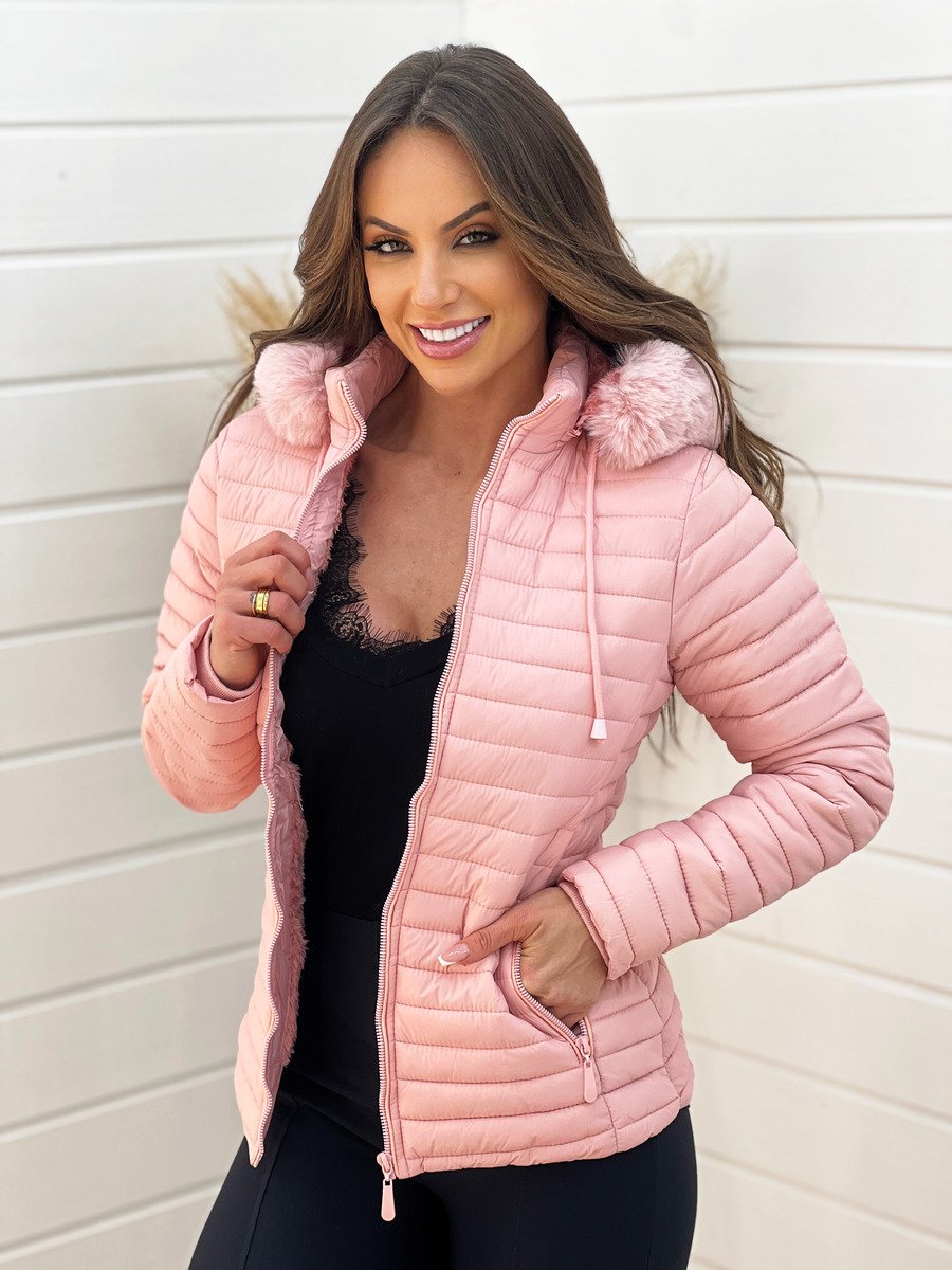 Jaqueta Importada Peluciada com Pelinho no Capuz Rosa