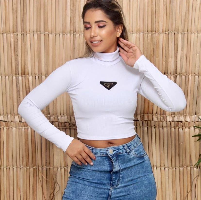 Cropped Canelado Inspiração Prada Manga Longa